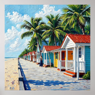 Poster Cabines de Praia Coloridas e Tropicais Vibrantes