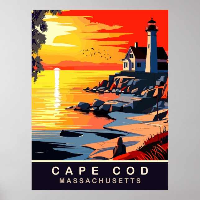 Poster Cabo Cod, MA, Pôr do Sol na Costa, Viagem (Frente)