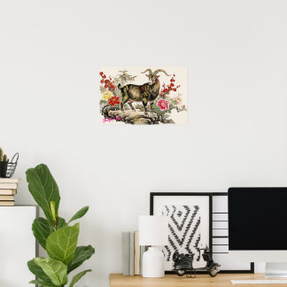 Poster Cabra Elegante com Arte Asiática Floral em Tinta