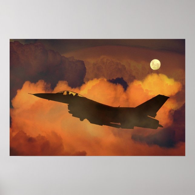 Poster Caça Avião F-16 Céu Noturno Lua Nuvens (Frente)