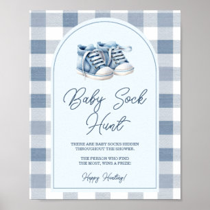 Poster Caça de Meias de Bebê Azul Xadrez Chá de Bebê