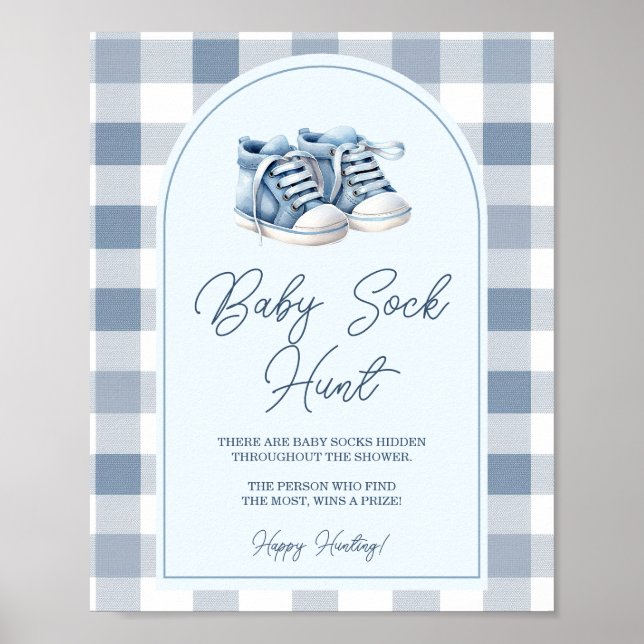 Poster Caça de Meias de Bebê Azul Xadrez Chá de Bebê (Frente)