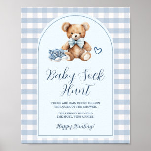 Poster Caça de Meias de Bebê Ursinho Sapatos Azul Xadrez