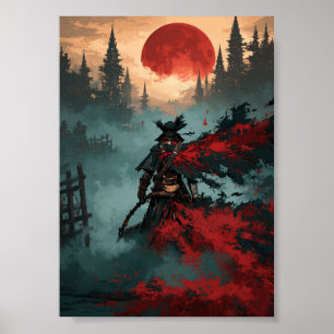 Poster Caçador de Fantasia Sombria com Foice e Lua Vermel