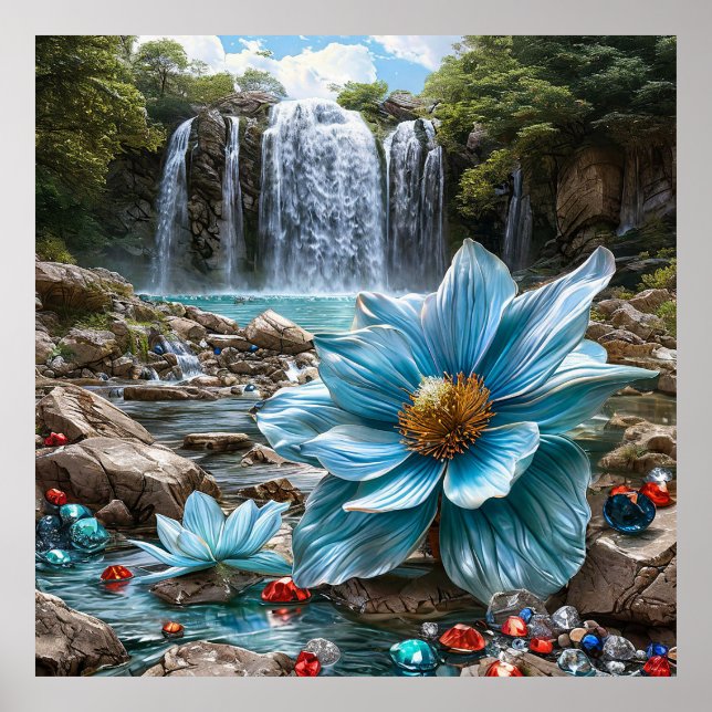 Poster 🌊 Cachoeira Azul Flores em Flor Serenidade da Nat (Frente)