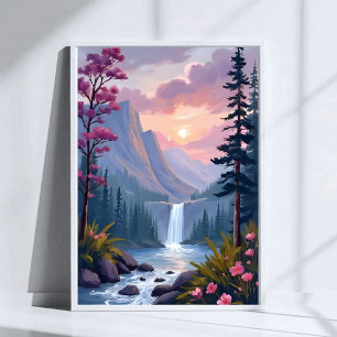 Poster Cachoeira Caprichosa Paisagem Floral Mágica