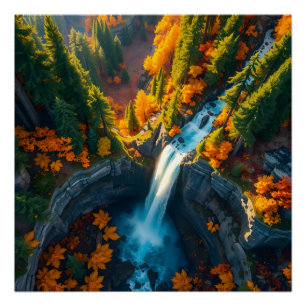 Pôster Cachoeira do Canyon de Outono – Paisagem Florestal