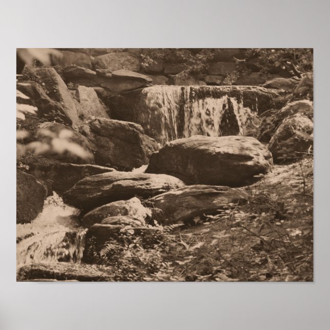 Pôster Cachoeira Florestal em Sepia Marrom Natureza (Frente)