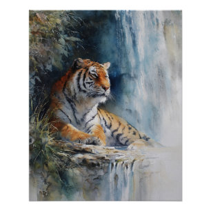 Pôster Cachoeira Tranquila Arte de Tigre em Penhasco Nebu