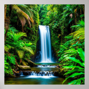 Poster Cachoeira Tropical Exuberante Rodeada por Vegetaçã