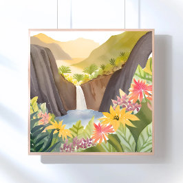 Pôster Cachoeira Tropical | Paisagem Floral em Aquarela