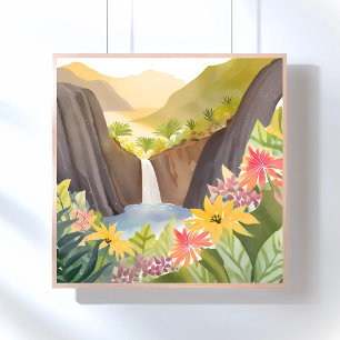 Pôster Cachoeira Tropical   Paisagem Floral em Aquarela