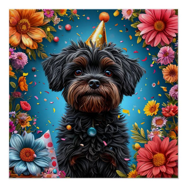Pôster Cachorrinho Adorável com Chapéu de Aniversário (Frente)
