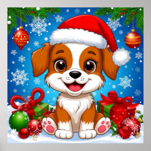 Poster Cachorrinho Adorável com Chapéu de Papai Noel e Pr