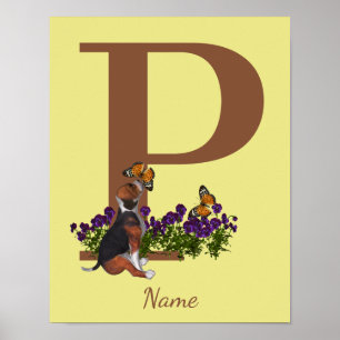 Poster Cachorrinho Beagle Borboletas Monograma Inicial P