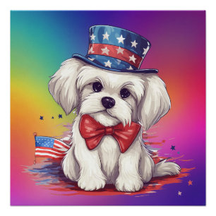 Pôster Cachorrinho Branco Patriótico de 4 de Julho -43568