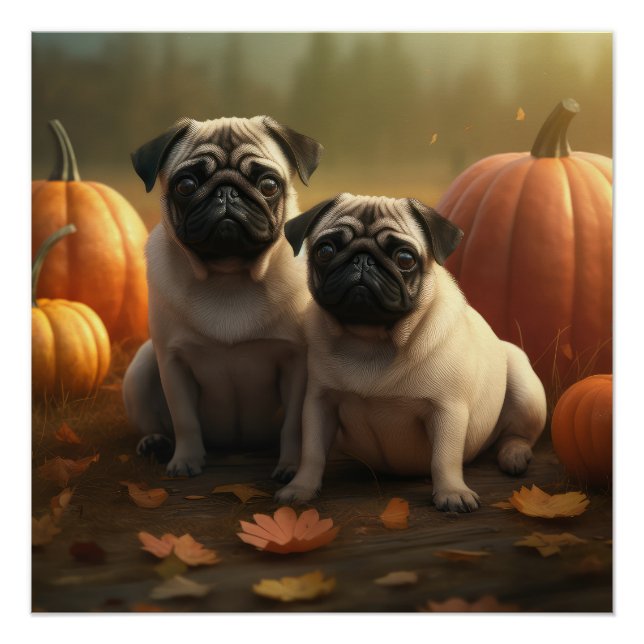 Pôster Cachorrinho Pug Delícia de Outono Abóbora (Frente)