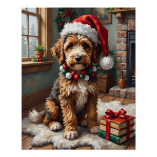 Pôster Cachorro Adorável Bernedoodle com Chapéu de Natal