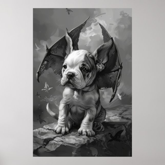 Poster Cachorro Adorável com Dragão Wings Fantasy Art Pos (Frente)
