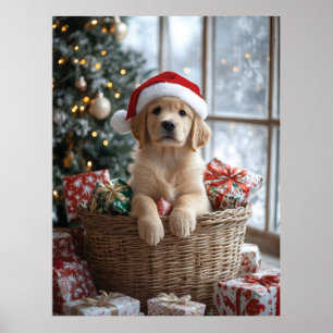 Poster Cachorro Adorável com Papai Noel na Cesta
