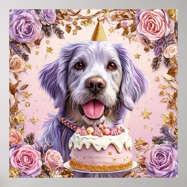 Poster Cachorro Adorável de Aniversário com Bolo de Celeb (Frente)