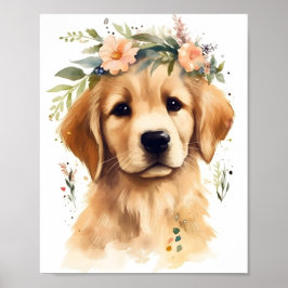 Poster Cachorro Adorável de Aquarela de Retriever de Ouro