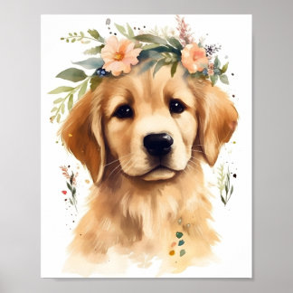 Poster Cachorro Adorável de Aquarela de Retriever de Ouro