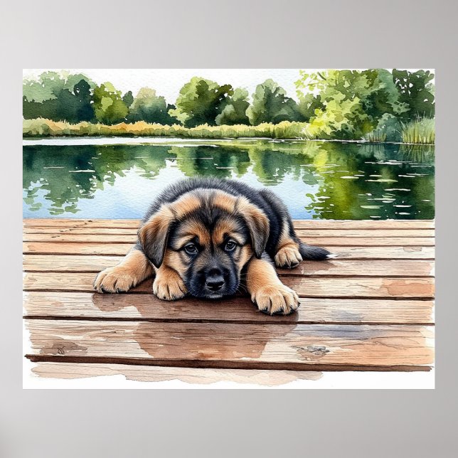 Poster Cachorro Adorável Descansando em um Cais de Madeir (Frente)