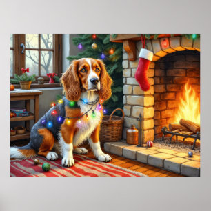 Poster Cachorro Afegão Lareira com Luzes de Natal