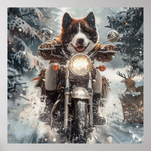 Poster Cachorro Akita Americano Andando de Motocicleta Na