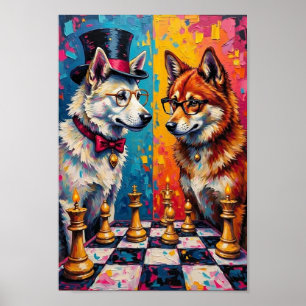 Poster Cachorro Akita Jogando Xadrez Pop Art