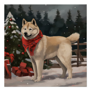 Pôster Cachorro Akita na Neve Natal