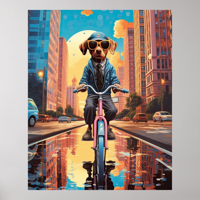 Poster Cachorro Andando Bicicleta na Cidade (Frente)