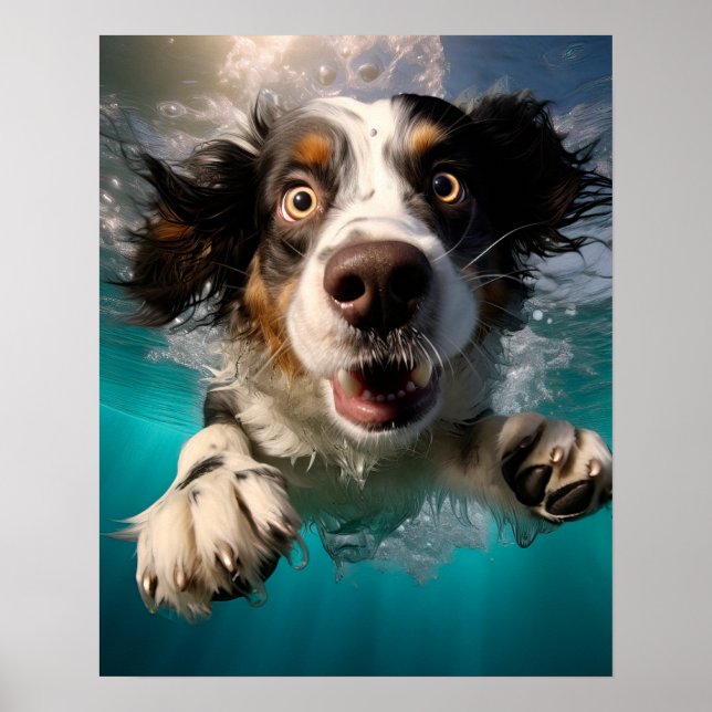Poster Cachorro Animado Nadando Embaixo d'Água Design (Frente)