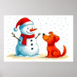 Poster Cachorro Aquarela com Snowman no inverno