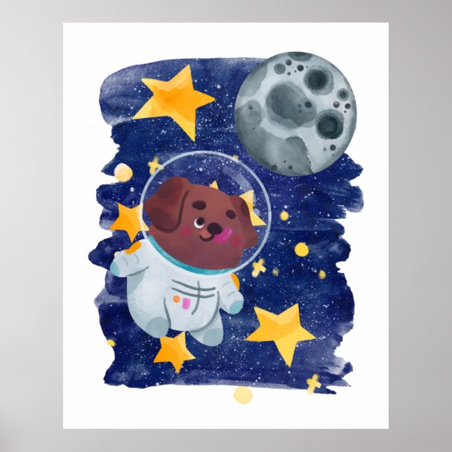 Poster Cachorro Astronauta Aquarela Espaço Estrelas Plane (Frente)