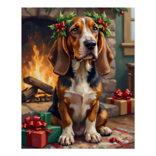 Pôster Cachorro Basset Hound Adorável com Coroa de Natal