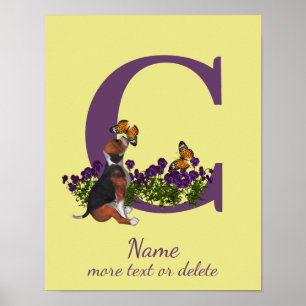 Poster Cachorro Beagle Borboletas Monograma Inicial C Nom