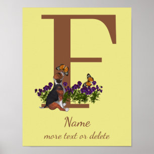 Poster Cachorro Beagle Borboletas Monograma Inicial F Nom