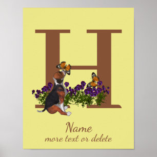 Poster Cachorro Beagle Borboletas Monograma Inicial H Nom