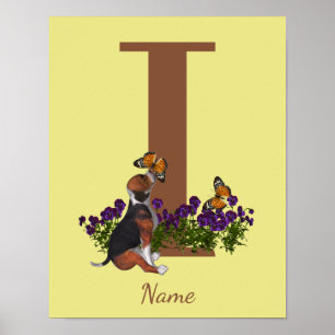 Poster Cachorro Beagle Borboletas Monograma Inicial I Nom