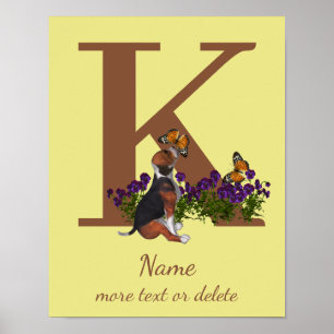 Poster Cachorro Beagle Borboletas Monograma Inicial K Nom