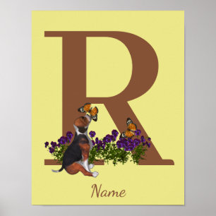 Poster Cachorro Beagle Borboletas Monograma Inicial R Nom