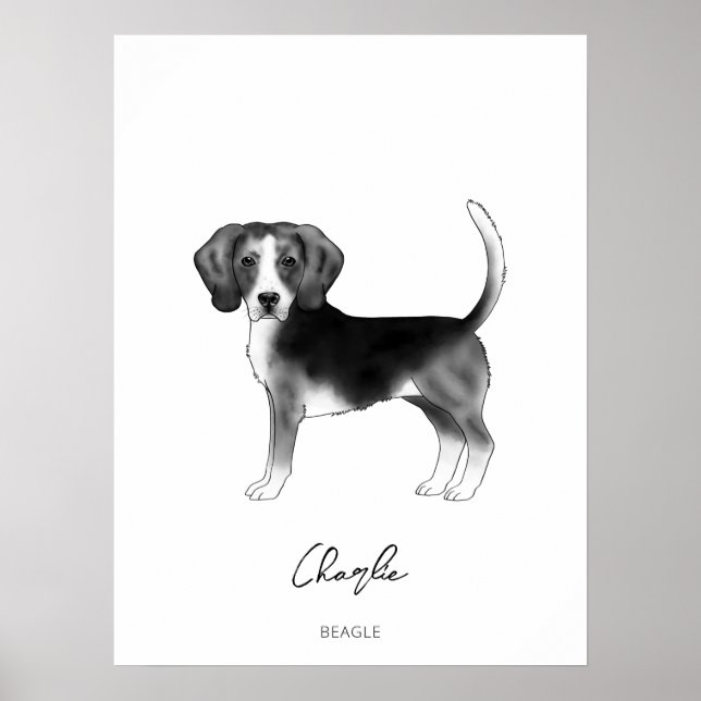 Poster Cachorro Beagle Preto e Branco com Texto Personali (Frente)