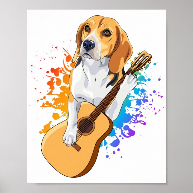 Poster Cachorro Beagle Tocando Violão Acústico (Frente)