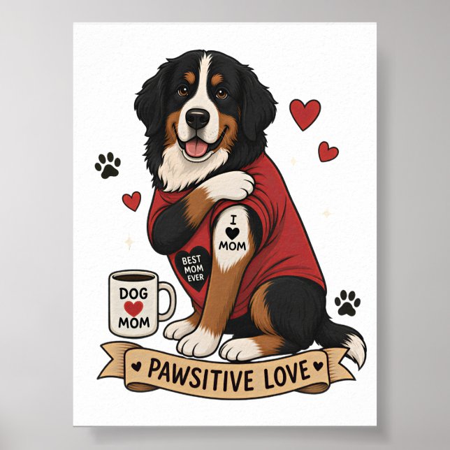 Poster Cachorro Bernês com Ilustração de Tatuagem Eu Amo  (Frente)