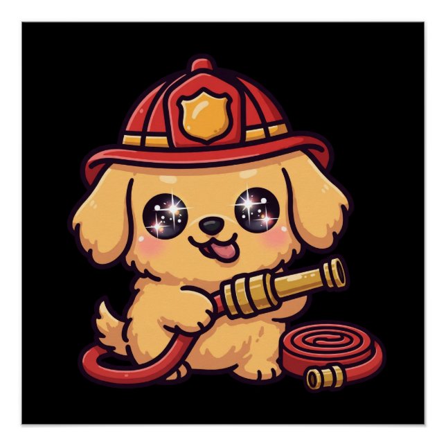 Pôster Cachorro Bombeiro Kawaii Fofo (Frente)