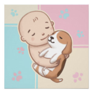 Pôster Cachorro Bonito e Ilustração de Bebês