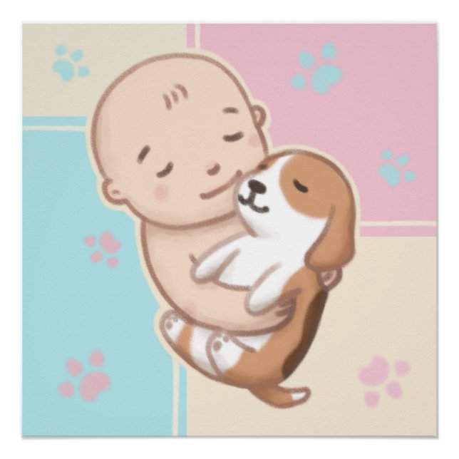 Pôster Cachorro Bonito e Ilustração de Bebês (Frente)