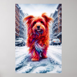 Poster Cachorro bonito perdido na estrada branca nevada